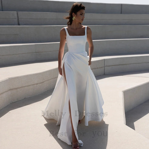 Simple Square Neck Wedding Dresses With Side Slit Elegant Bridal Gown Open Back Design